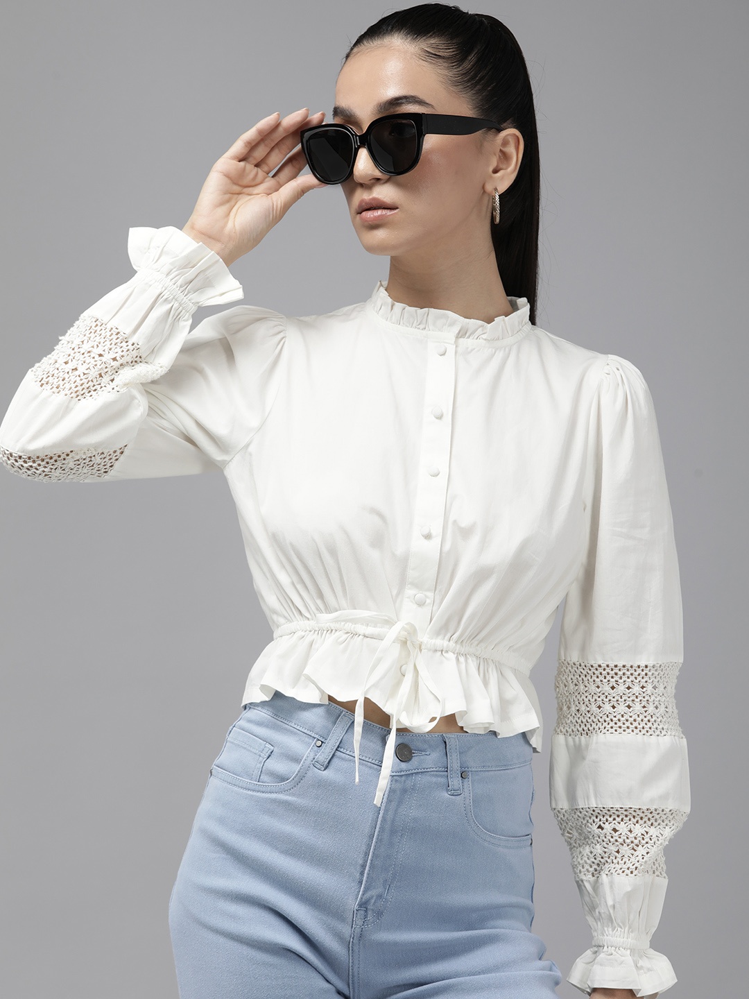 The Roadster Life Co. Solid With Lace Detail Pure Cotton Crop Casual Shirt, White
The Roadster Life Co. Solid With Lace Detail Pure Cotton Crop Casual Shirt, White