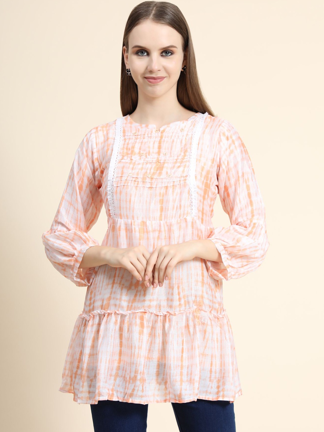 KALINI Tie and Dye Linen Longline Top, Peach