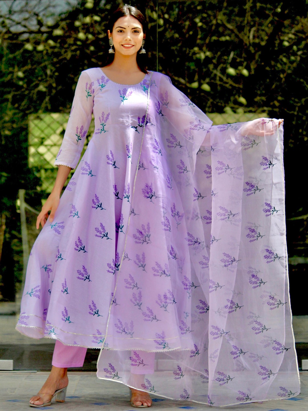 OneWe Women Floral Printed Chanderi Cotton Anarkali Kurta with Trousers & Dupatta, Lavender
OneWe Women Floral Printed Chanderi Cotton Anarkali Kurta with Trousers & Dupatta, Lavender