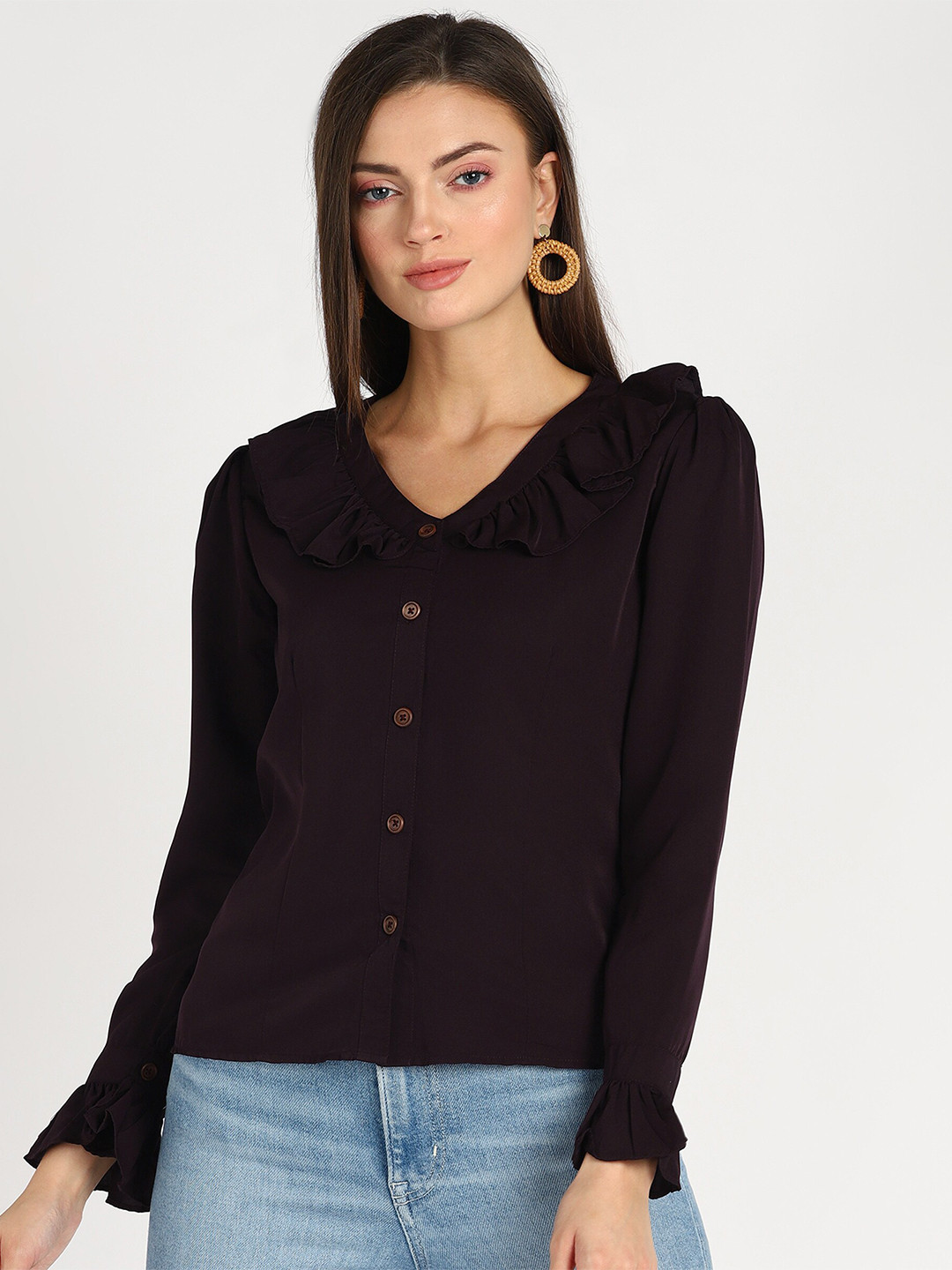 shashvi Ruffles Crepe Shirt Style Top, Purple 
shashvi Ruffles Crepe Shirt Style Top, Purple