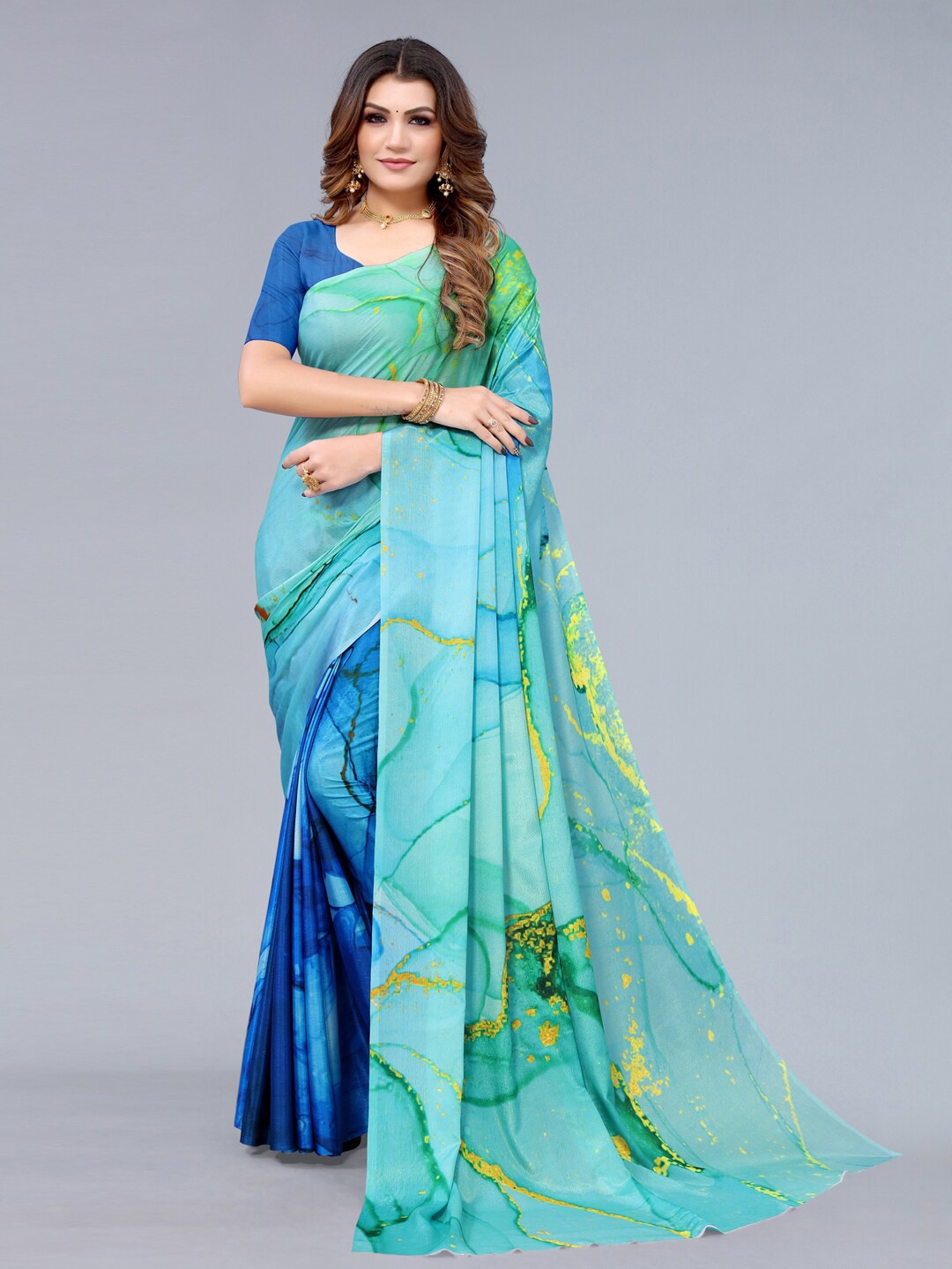 Mitera Blue & Sea Green Silk Blend Saree