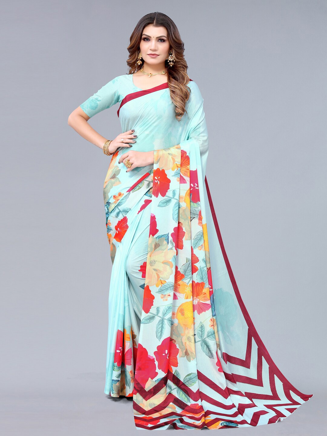 Mitera Blue & Pink Floral Silk Blend Saree
