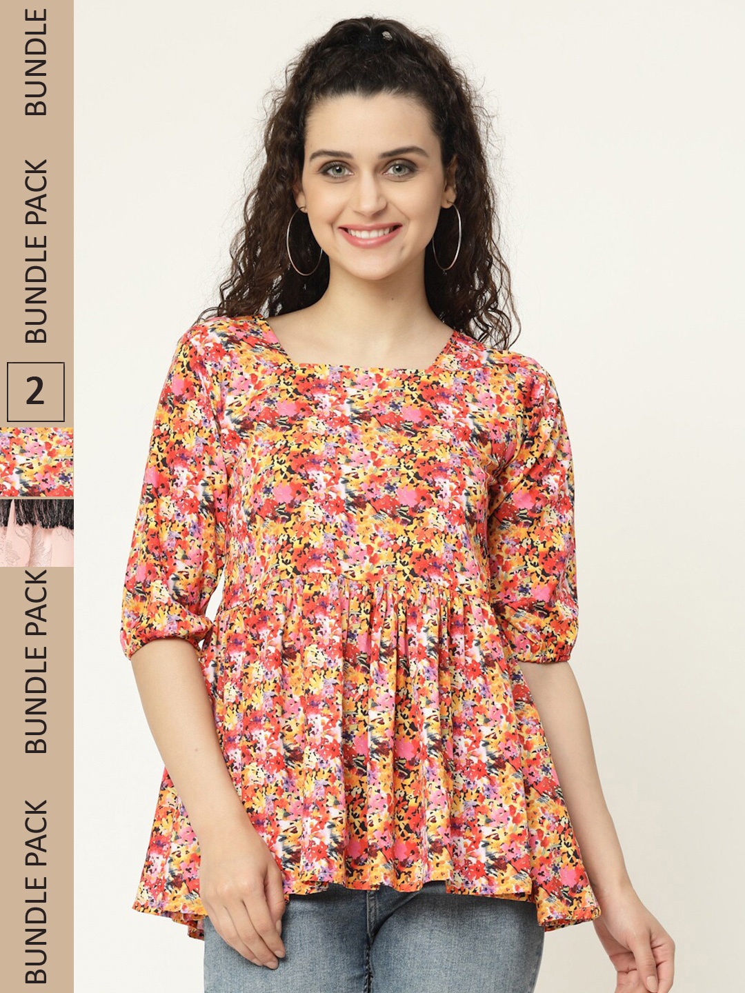 MISS AYSE Pack Of 2 Floral Print Georgette Empire Top, Yellow