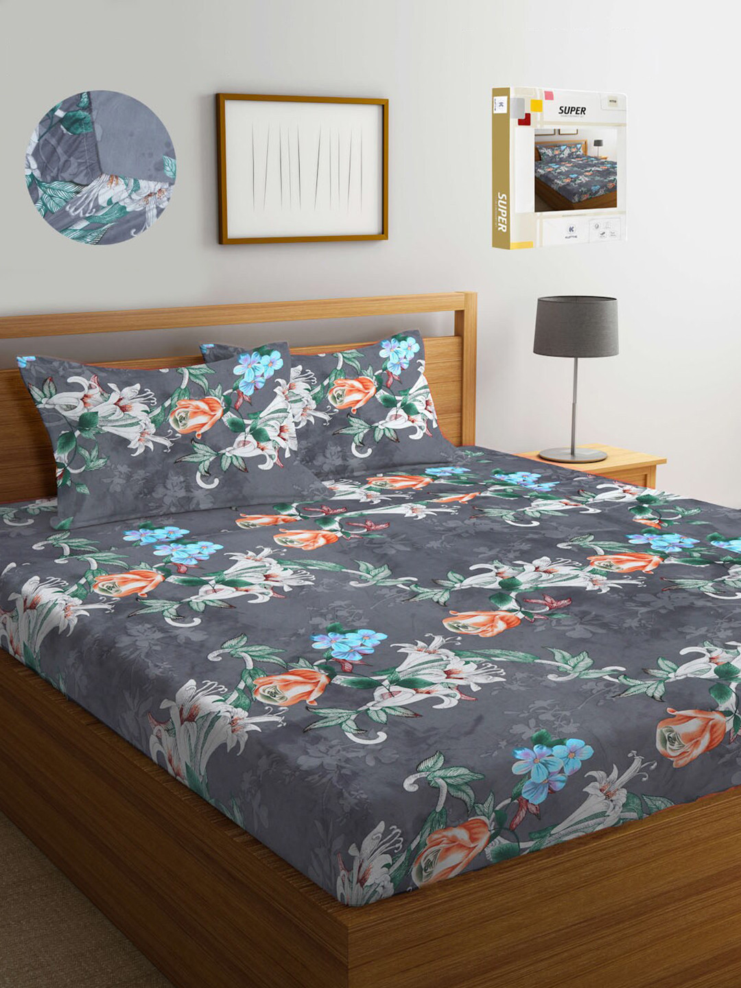 KLOTTHE Grey & Orange Coloured Floral 300 TC Fitted King Bedsheet with 2 Pillow Covers
KLOTTHE Grey & Orange Coloured Floral 300 TC Fitted King Bedsheet with 2 Pillow Covers
