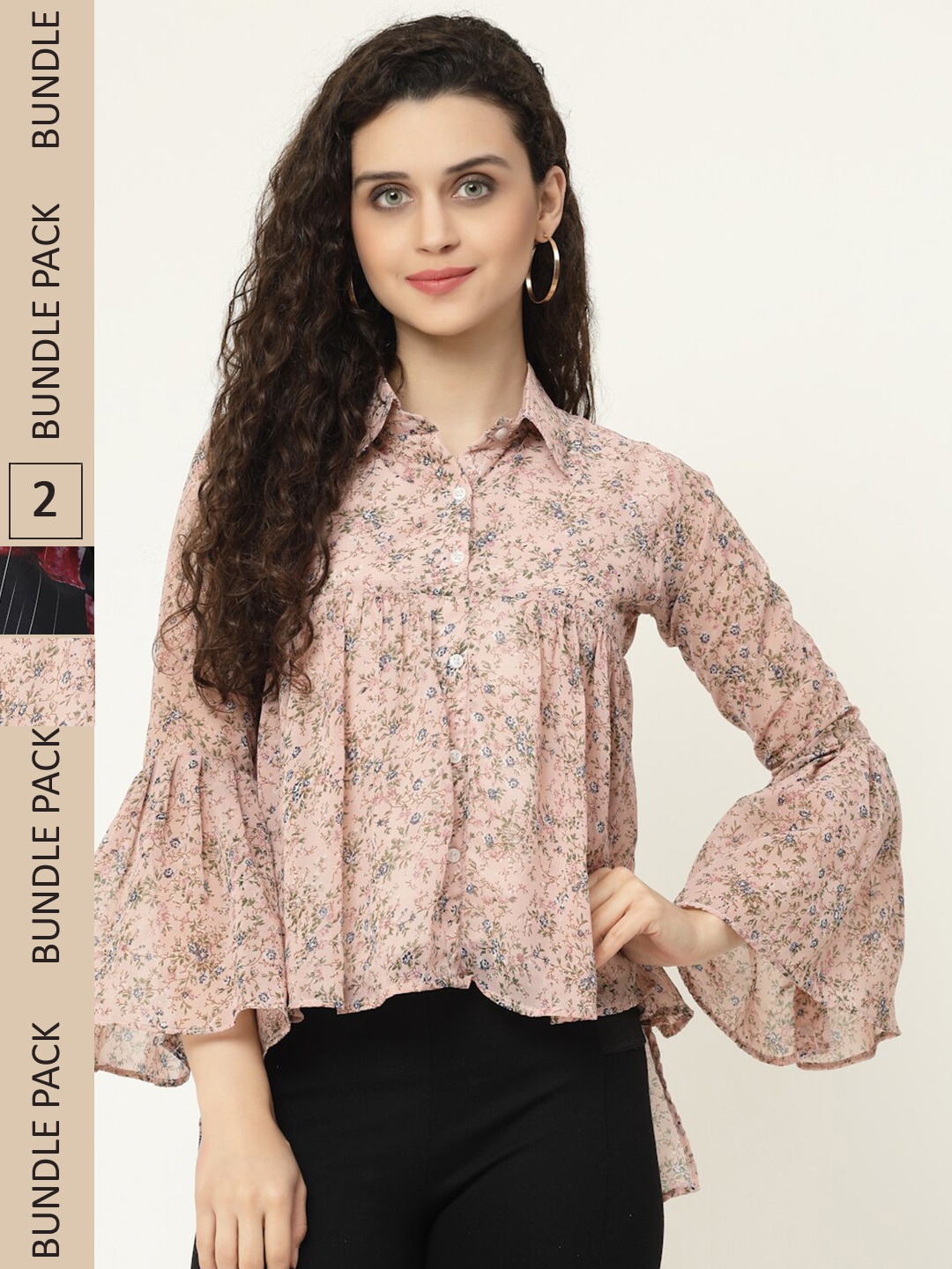 MISS AYSE Pack Of 2 Floral Printed Shirt Style Tops, Peach
