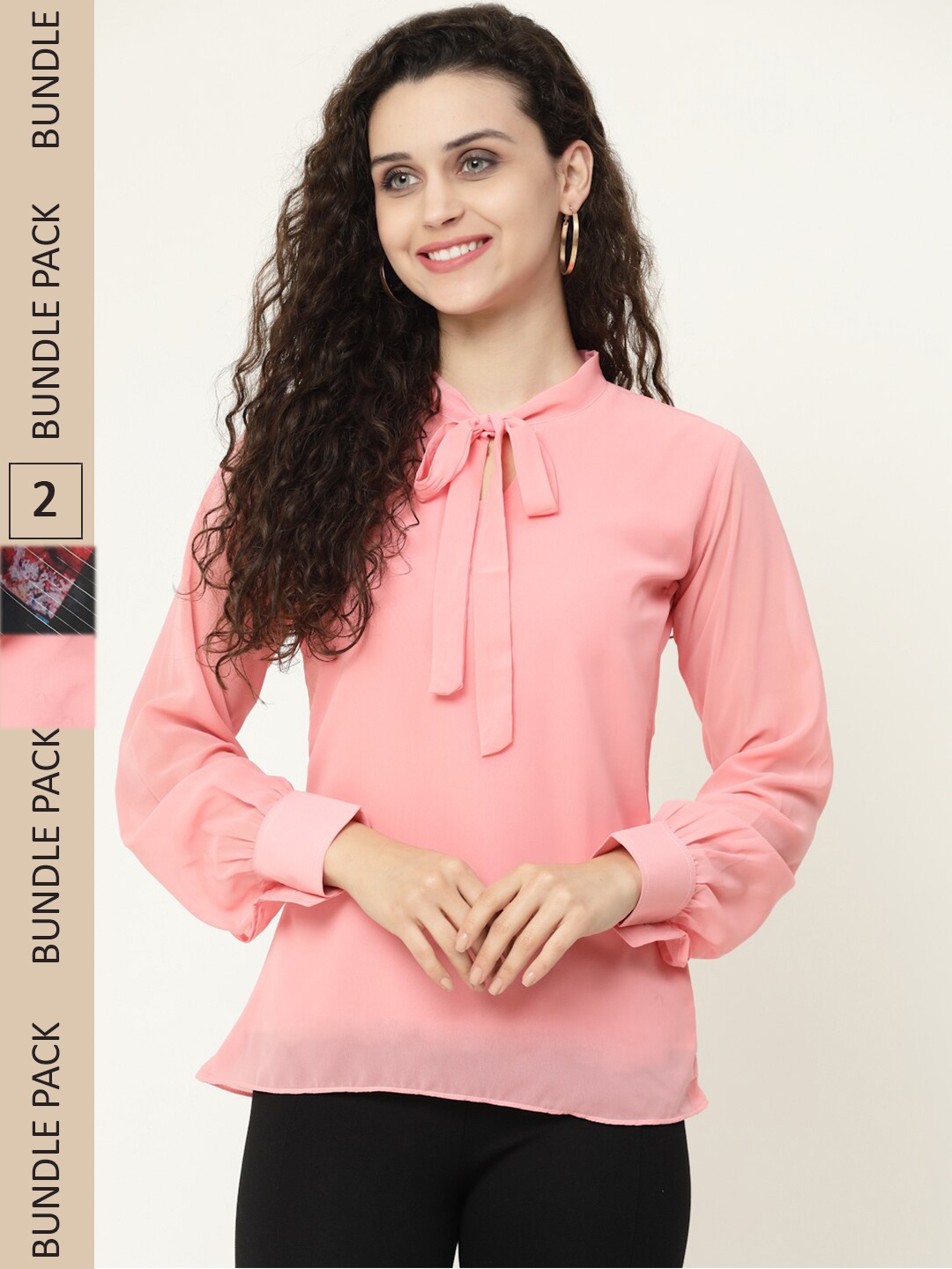 MISS AYSE Pack Of 2 Tie-Up Neck Georgette Kaftan Top, Peach