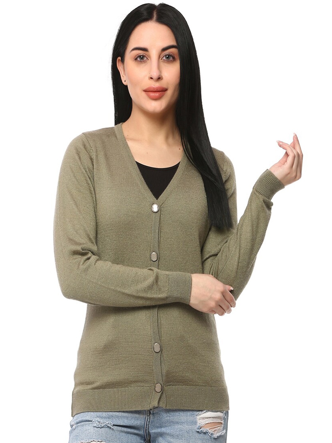 GLAMAZE Women Green Acrylic V-Neck Cardigan