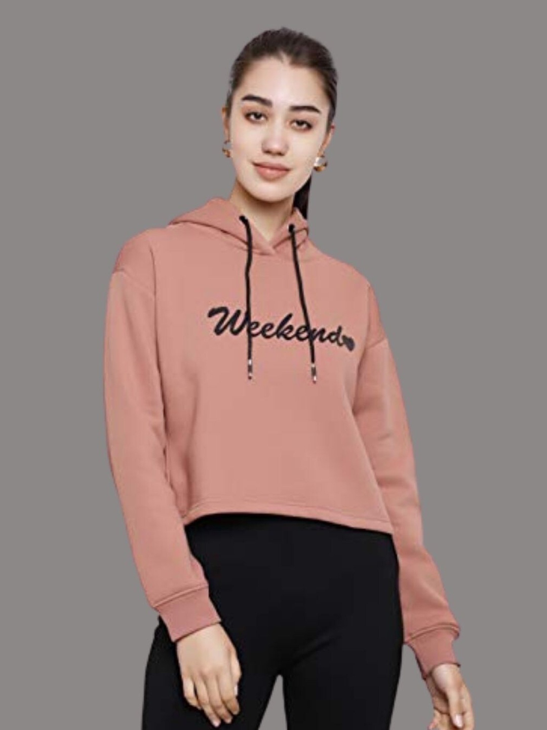 DECHEN Women Pink Printed Hooded Fleece Sweatshirt