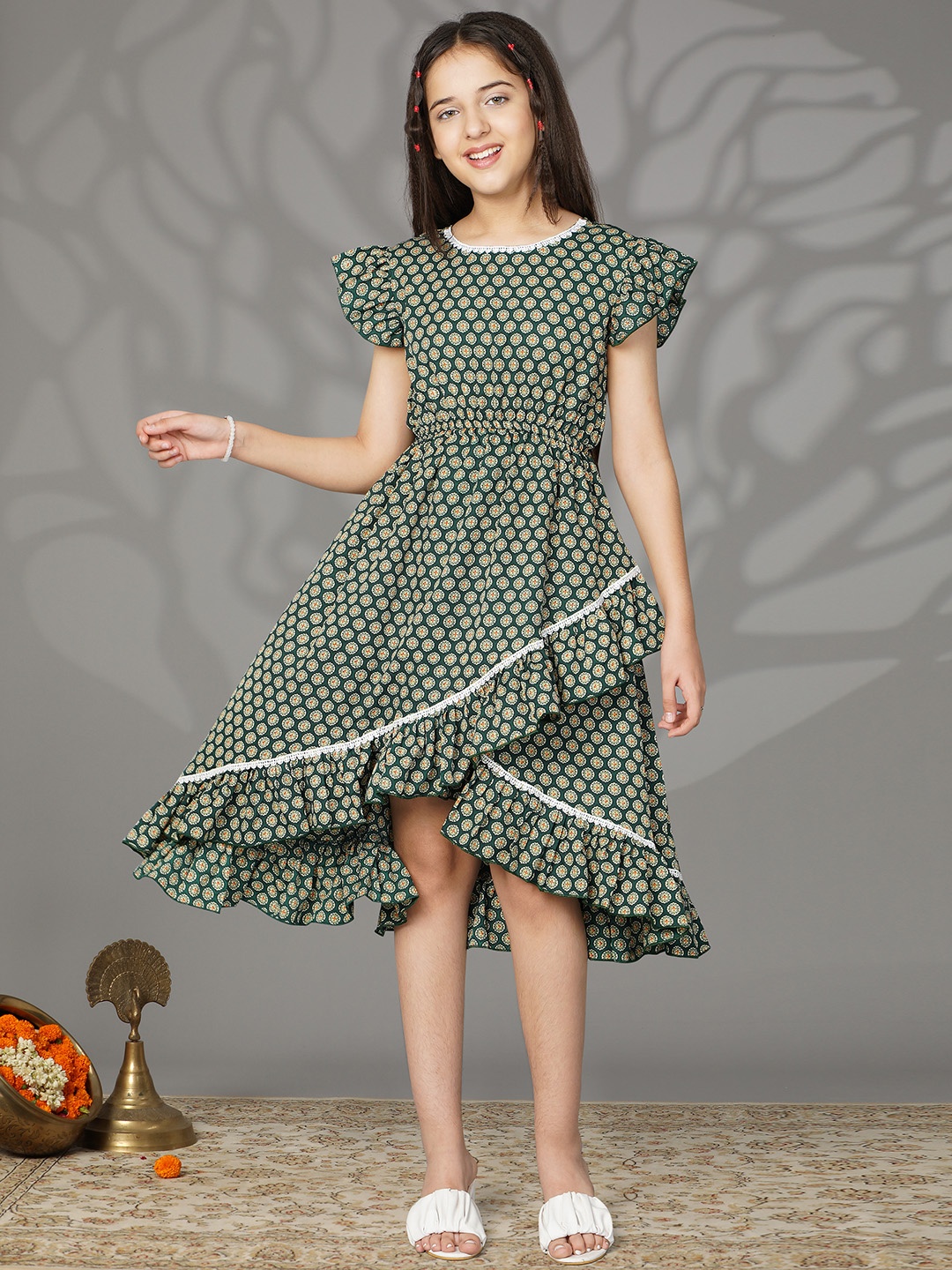 White World Green Floral Printed Fit And Flare Dress
