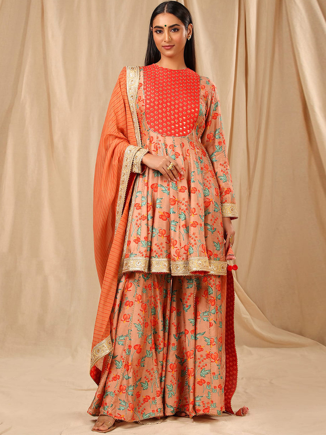 Masaba Floral Printed Empire Kurta with Sharara & Dupatta, Peach 
Masaba Floral Printed Empire Kurta with Sharara & Dupatta, Peach