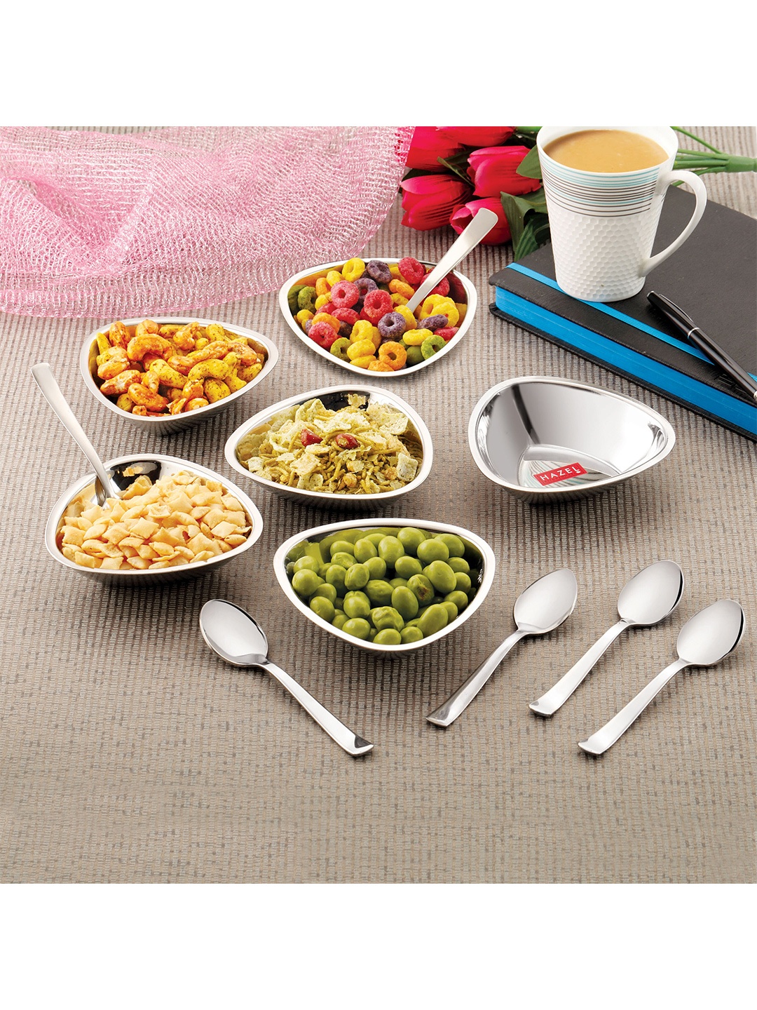 HAZEL Set Of 12 Stainless Steel Serving Bowls Set Triangular Shaped Vati Katori With Spoon, Silver
HAZEL Set Of 12 Stainless Steel Serving Bowls Set Triangular Shaped Vati Katori With Spoon, Silver