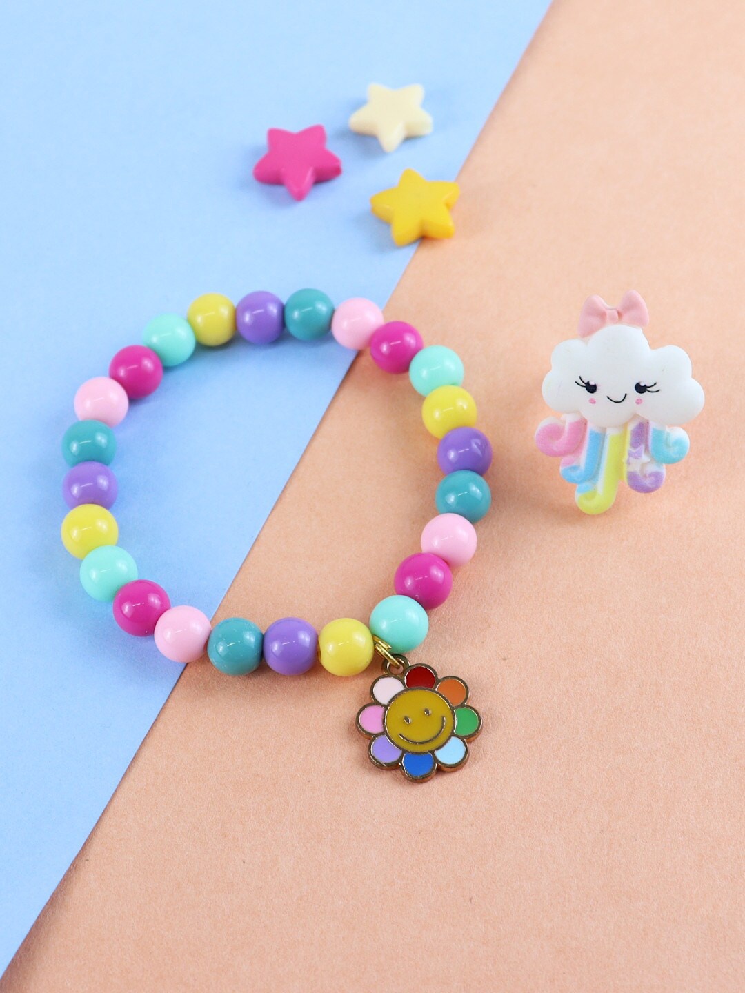 asthetika Pink & Blue Beaded & Handcrafted Smiling Charm Bracelet Rainbow Finger Ring Set
asthetika Pink & Blue Beaded & Handcrafted Smiling Charm Bracelet Rainbow Finger Ring Set
