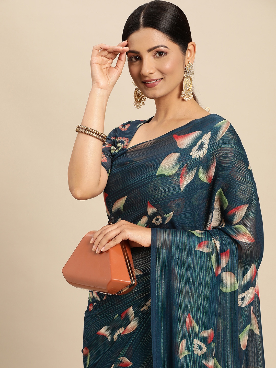 Mitera Teal Floral Pure Georgette Saree