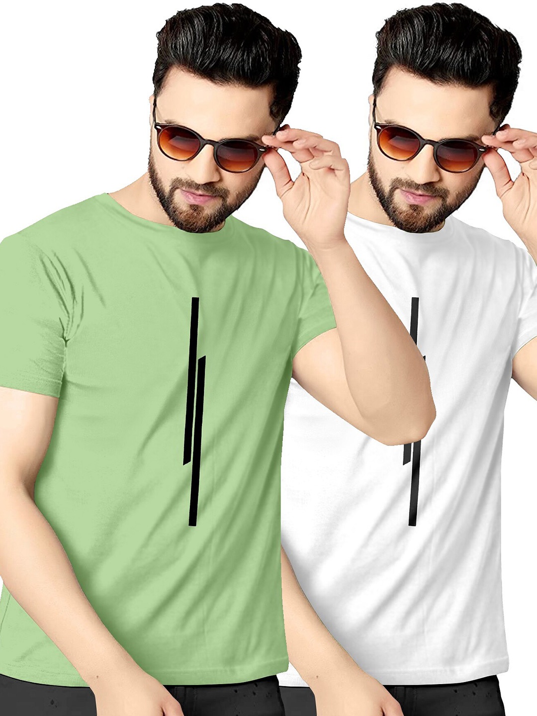 KAJARU Men Pack Of 2 Green & White T-shirt