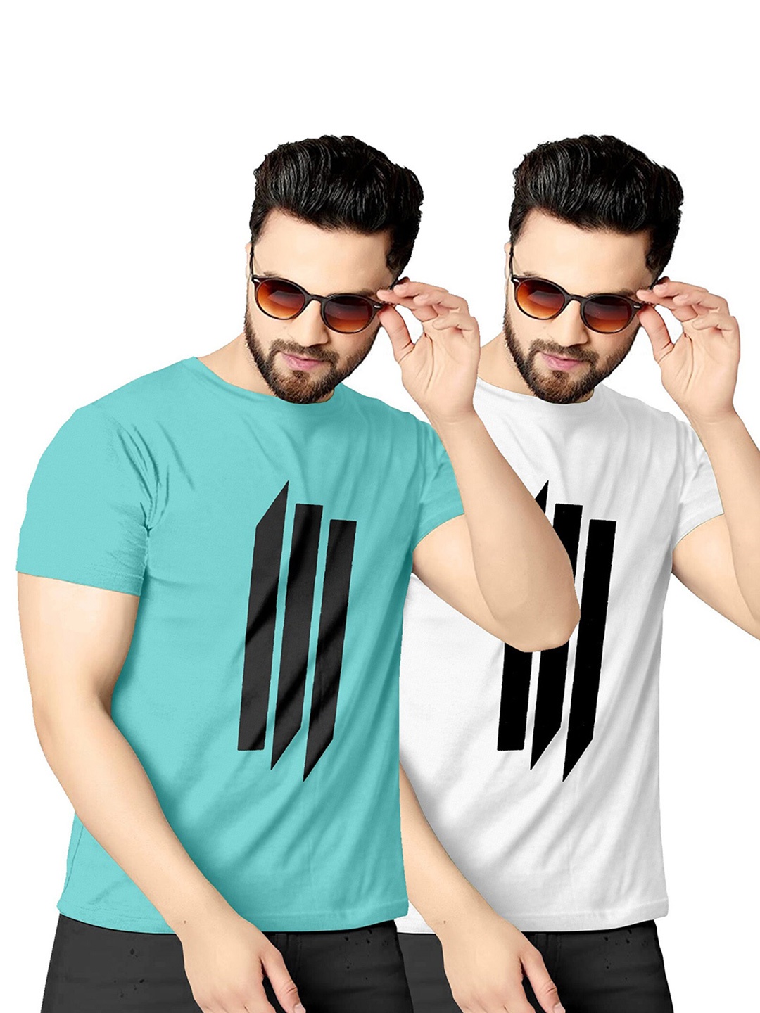 KAJARU Men Blue & White Pack Of 2 Printed T-shirt