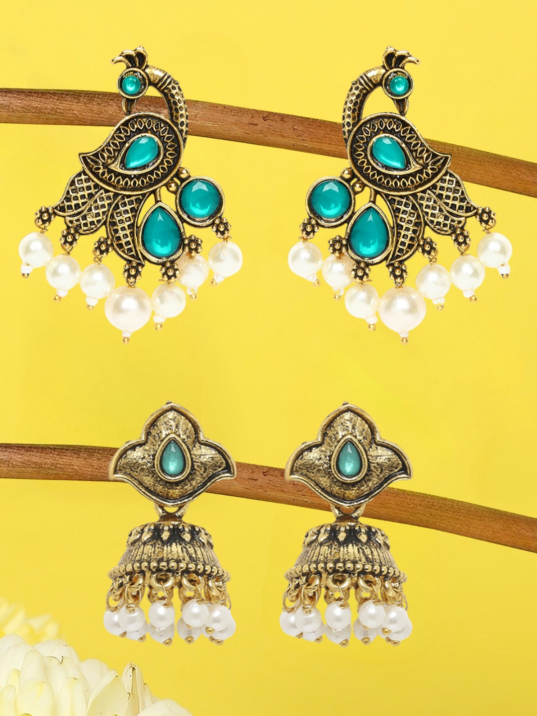 OOMPH Green Set Of 2 Floral Jhumkas Earrings