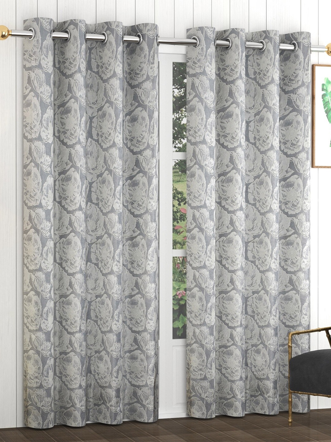 Bajo's Grey & Off White Set of 2 Floral Door Curtain