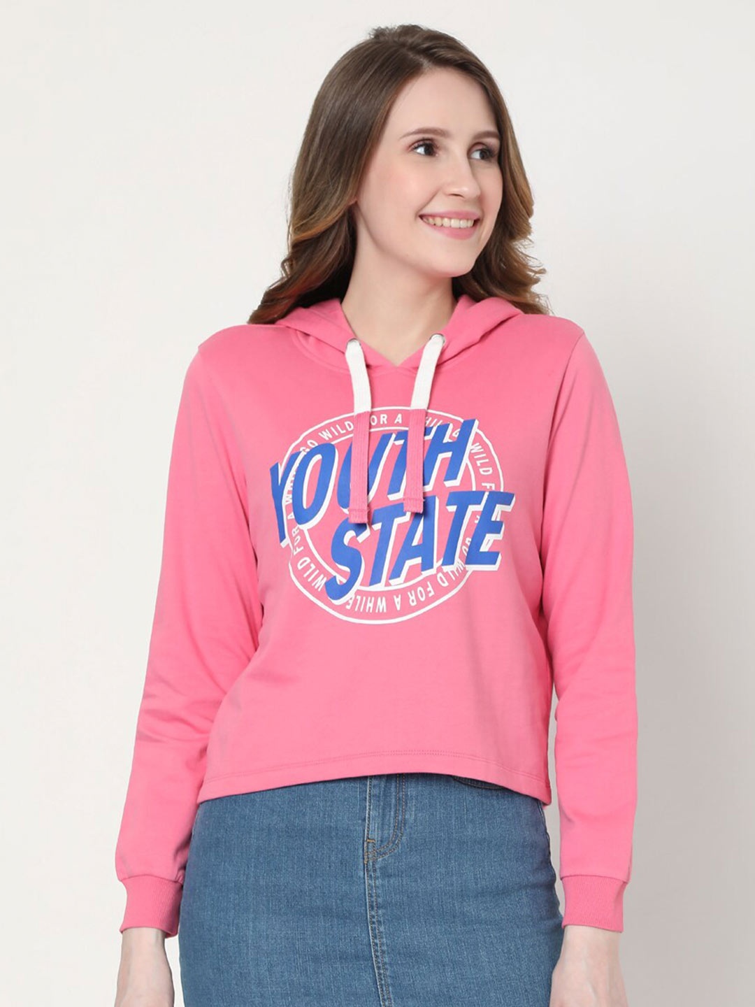 Vero Moda Women Pink Printed Hooded Cotton Sweatshirt