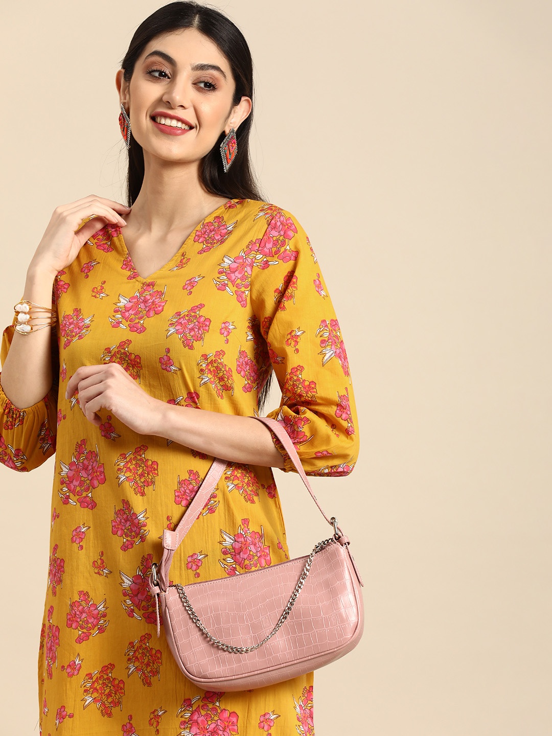 Anouk Women Pure Cotton Floral Printed Kurta, Mustard