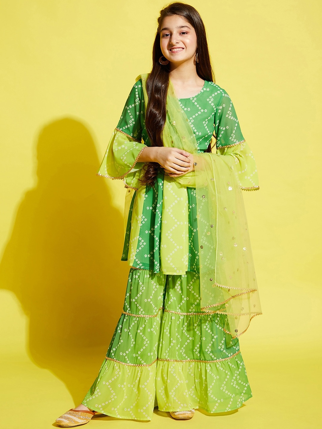 Cherry & Jerry Girls Bandhani Printed Empire Sequinned Kurta with Sharara & With Dupatta, Green
Cherry & Jerry Girls Bandhani Printed Empire Sequinned Kurta with Sharara & With Dupatta, Green
