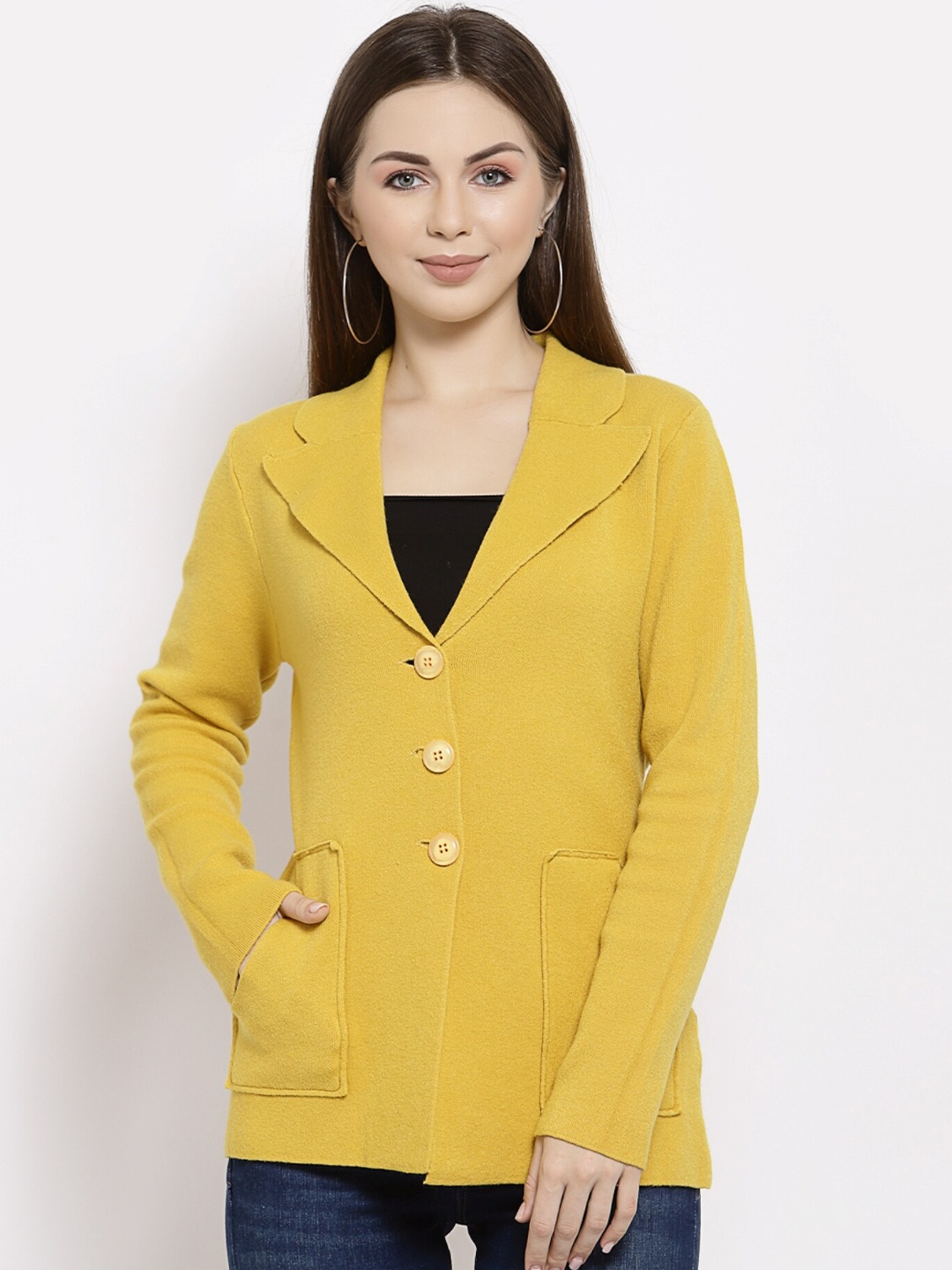 Mafadeny Women Mustard Cardigan Sweater