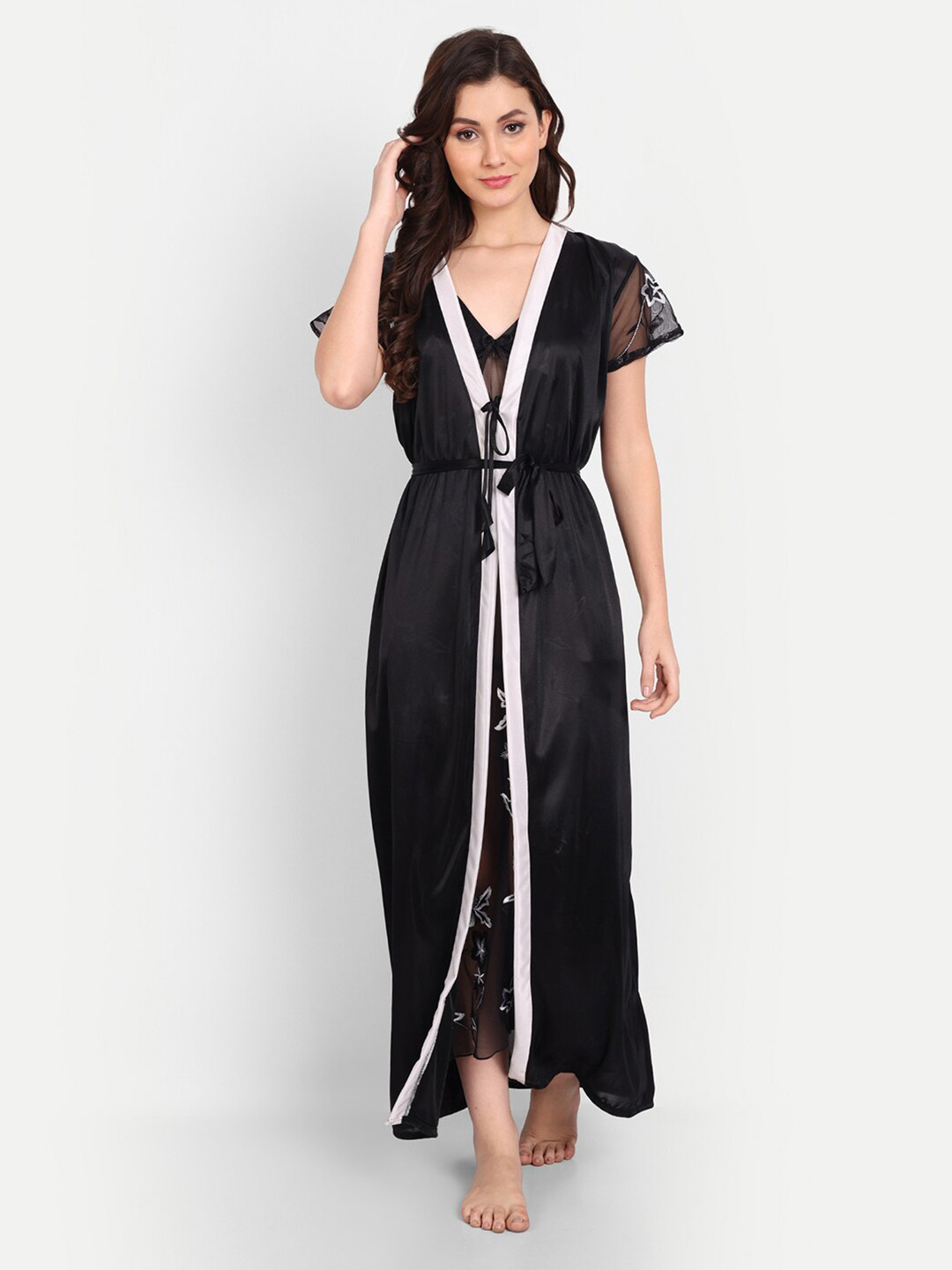 FIMS Embroidered Satin Maxi Nightdress With Robe & Thong Panty, Black
FIMS Embroidered Satin Maxi Nightdress With Robe & Thong Panty, Black