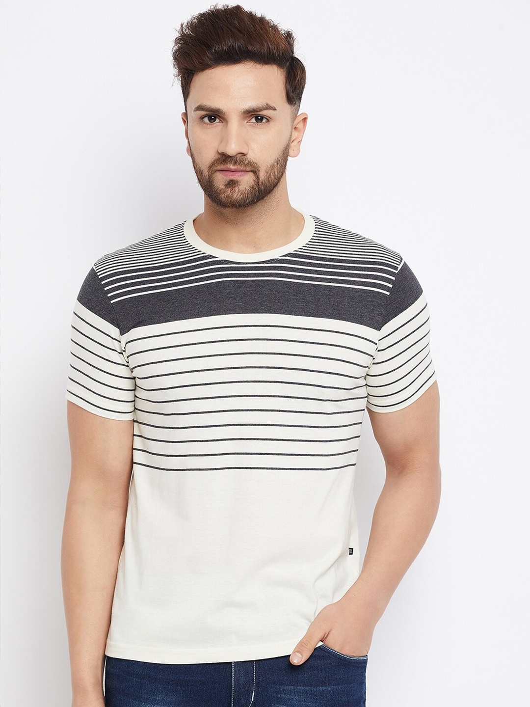 HARBOR N BAY Men Cotton Striped T-shirt, White