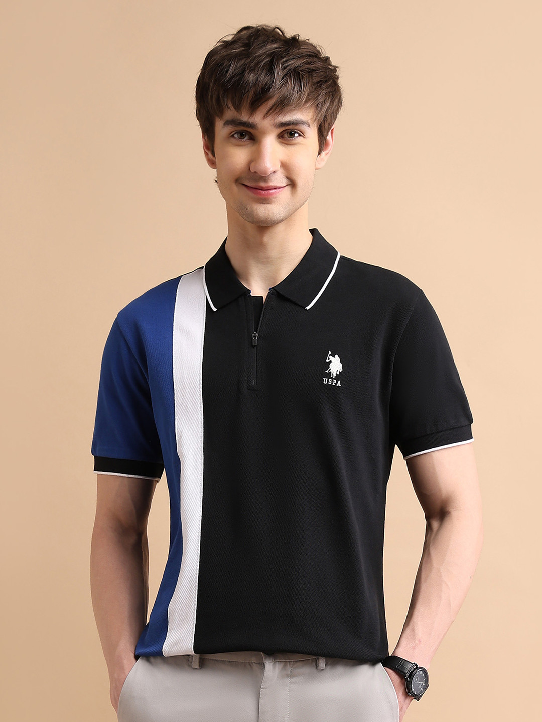 U.S. Polo Assn. Men Colourblocked Polo Collar Slim Fit Pure Cotton T-shirt, Black
U.S. Polo Assn. Men Colourblocked Polo Collar Slim Fit Pure Cotton T-shirt, Black