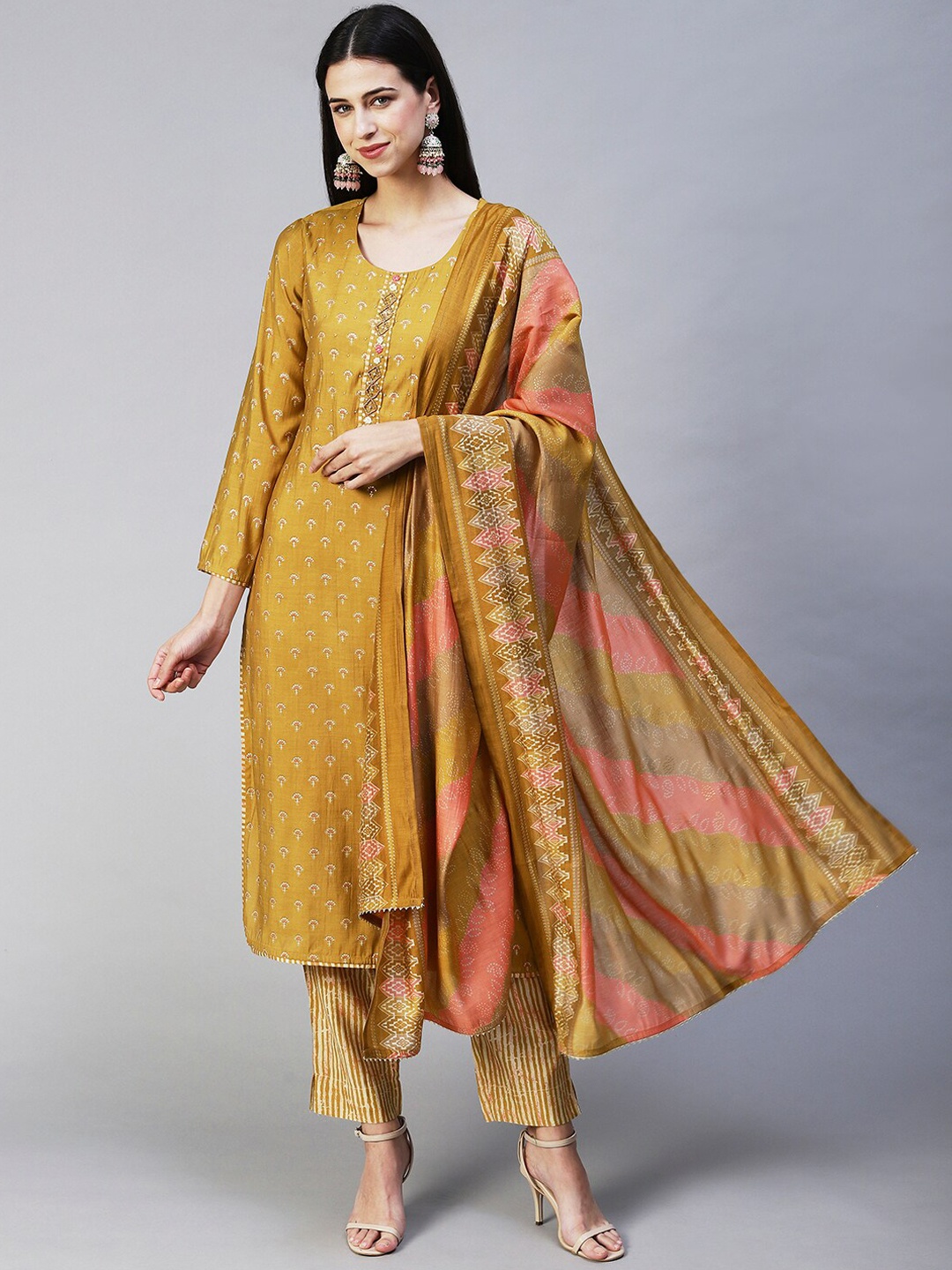 FASHOR Ethnic Motifs Printed Beads and Stones Kurta with Trousers & With Dupatta, Mustard
FASHOR Ethnic Motifs Printed Beads and Stones Kurta with Trousers & With Dupatta, Mustard