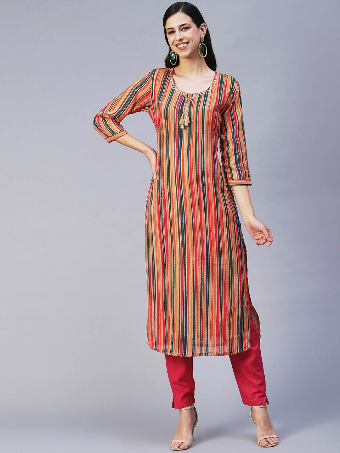 FASHOR Women Striped Kurta, Beige