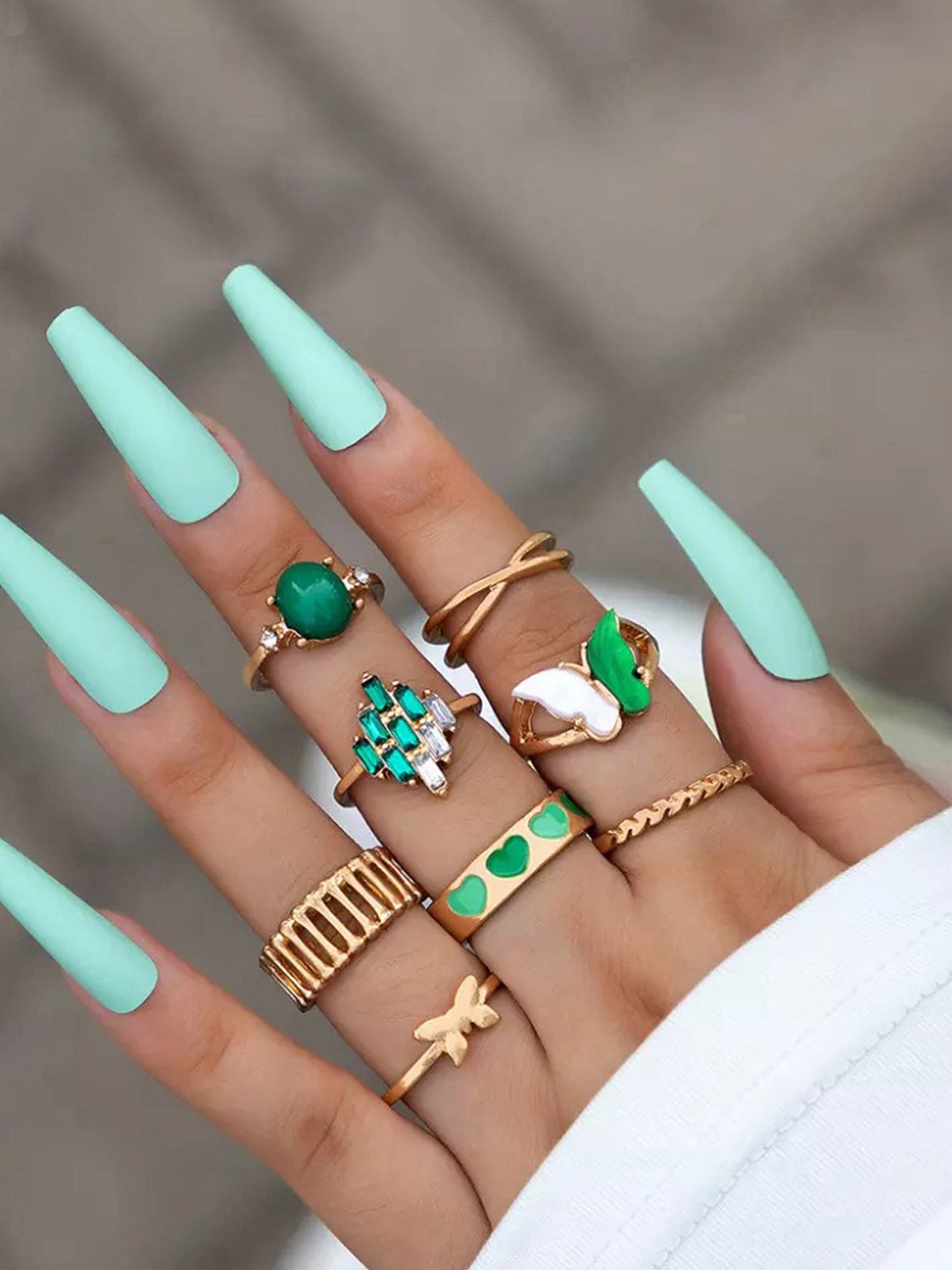 Jewels Galaxy Set Of 8 Gold-Plated Stone-Studded Butterfly Inspired Stackable Rings, Green
Jewels Galaxy Set Of 8 Gold-Plated Stone-Studded Butterfly Inspired Stackable Rings, Green