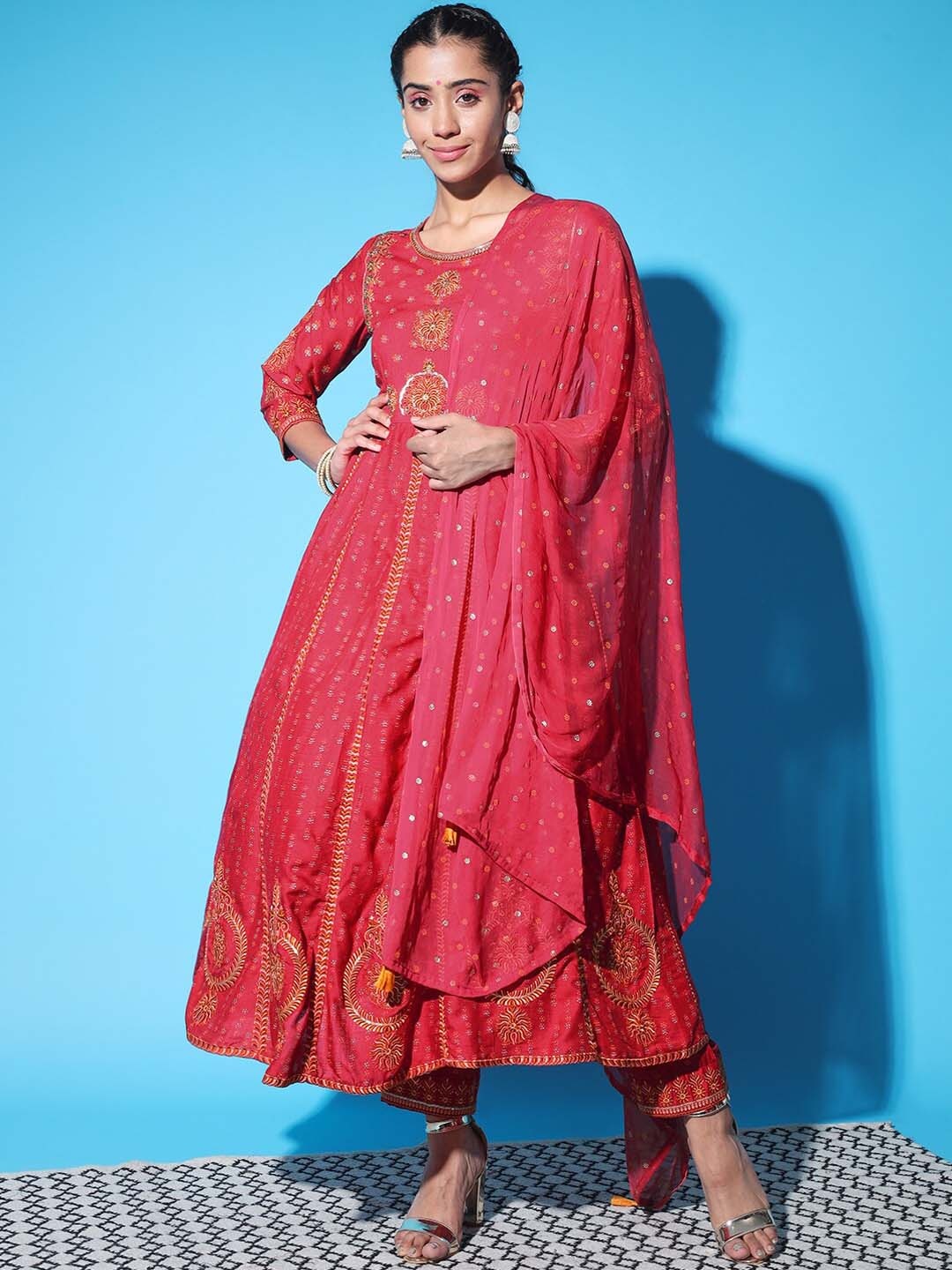KALINI Women Ethnic Motifs Printed Beads and Stones Kurta with Trousers & With Dupatta, Red
KALINI Women Ethnic Motifs Printed Beads and Stones Kurta with Trousers & With Dupatta, Red