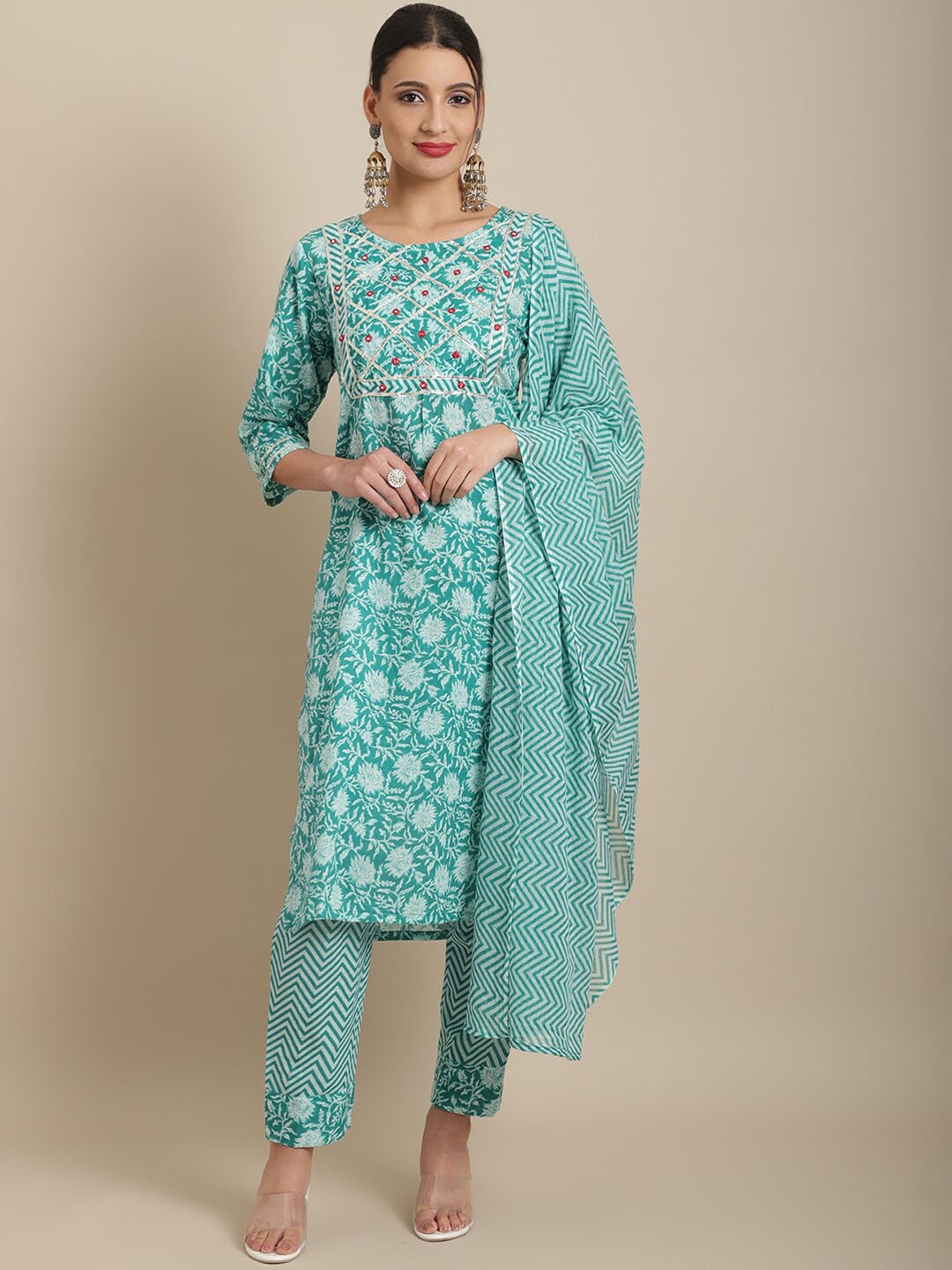 Sangria Women Floral Printed Gotta Patti Pure Cotton Kurta With Trousers & With Dupatta, Sea green
Sangria Women Floral Printed Gotta Patti Pure Cotton Kurta With Trousers & With Dupatta, Sea green