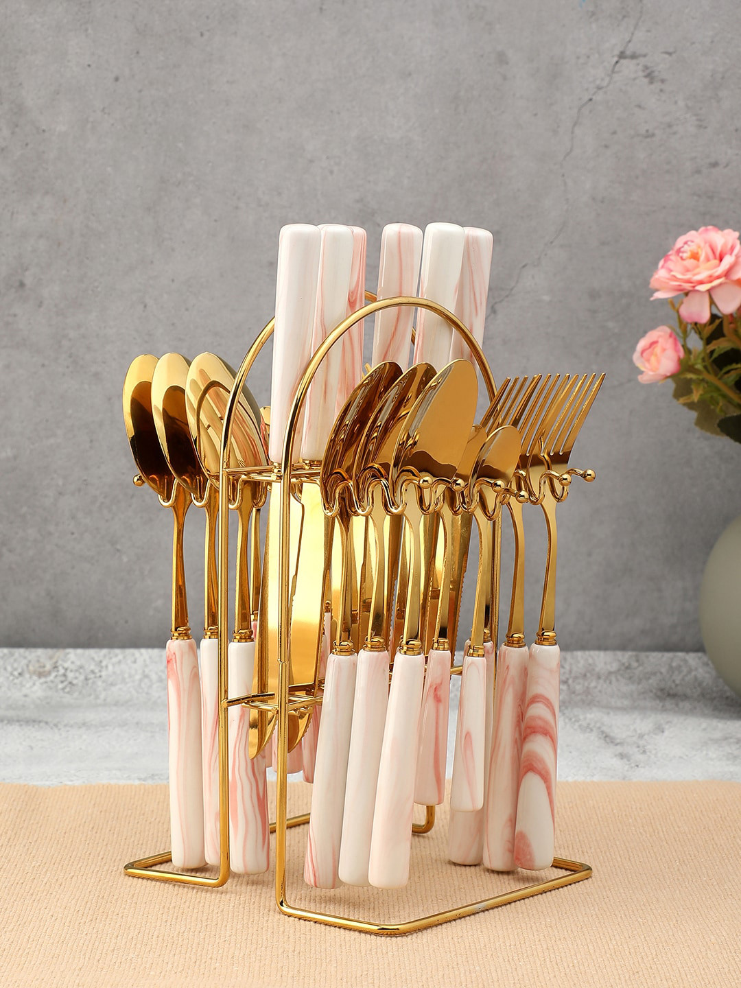 Bonhomie White & Gold Toned 24-Pcs Marble Textured Ceramic & Stainless Steel Cutlery Set 
Bonhomie White & Gold Toned 24-Pcs Marble Textured Ceramic & Stainless Steel Cutlery Set