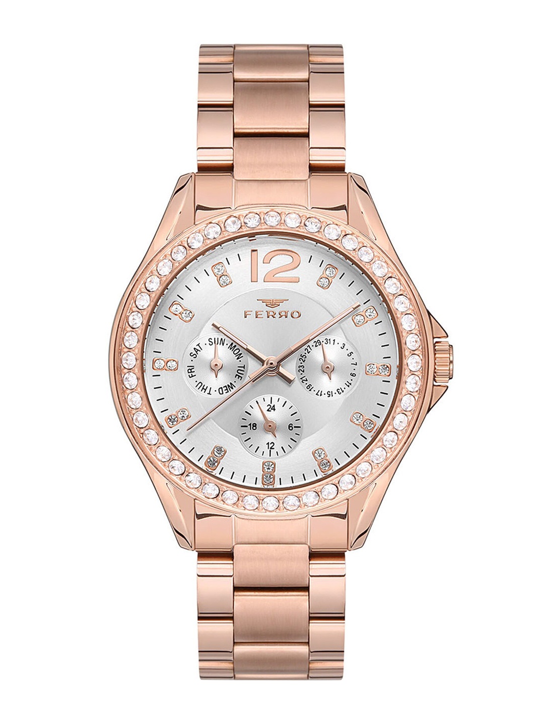 Ferro Embellished Dial & Rose Gold Toned Stainless Steel Bracelet Style Straps Watch, Silver
Ferro Embellished Dial & Rose Gold Toned Stainless Steel Bracelet Style Straps Watch, Silver