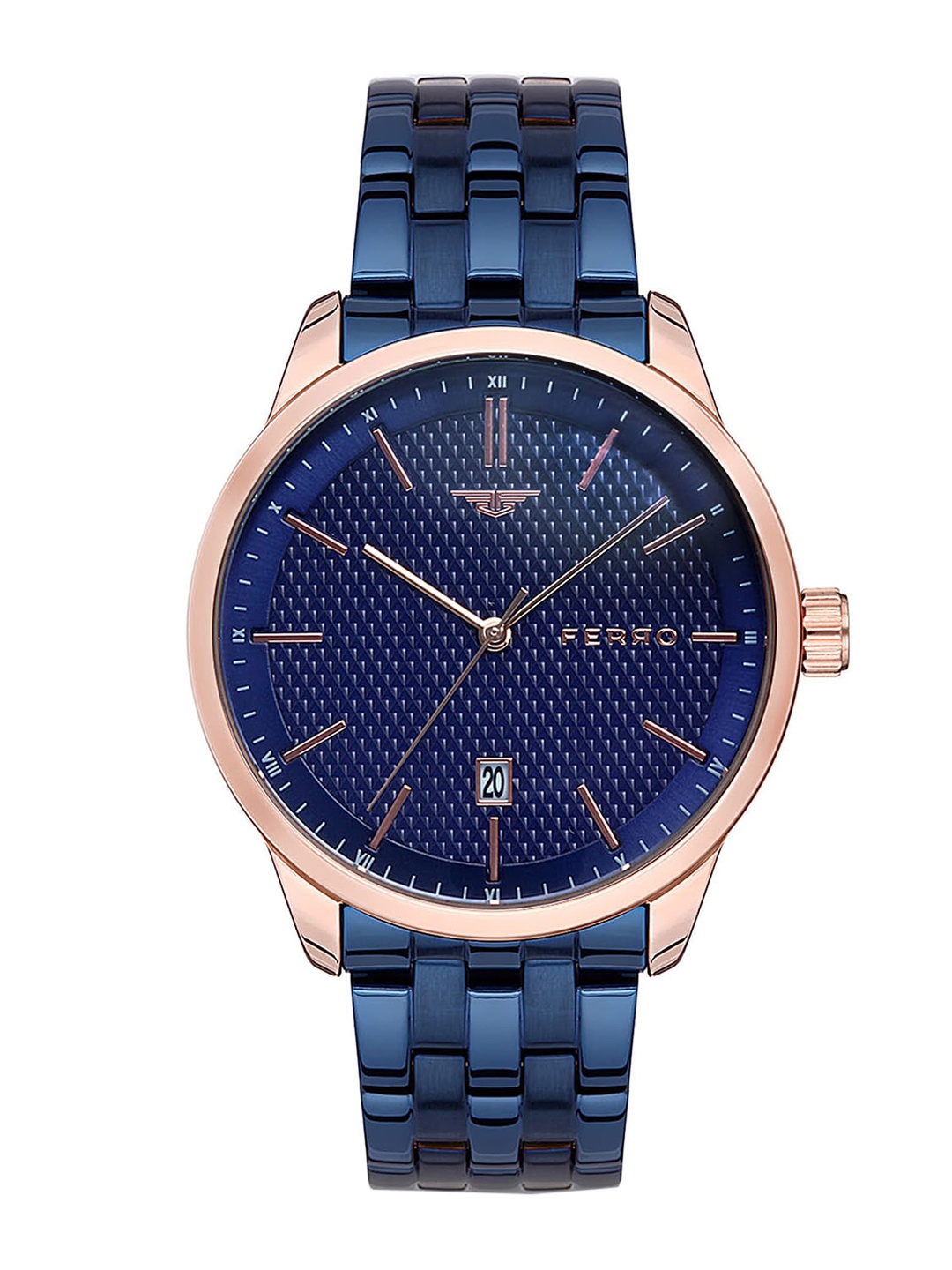 Ferro Men Blue Brass Dial & Rose Gold Toned Stainless Steel Bracelet Style Straps Analogue Watch
Ferro Men Blue Brass Dial & Rose Gold Toned Stainless Steel Bracelet Style Straps Analogue Watch