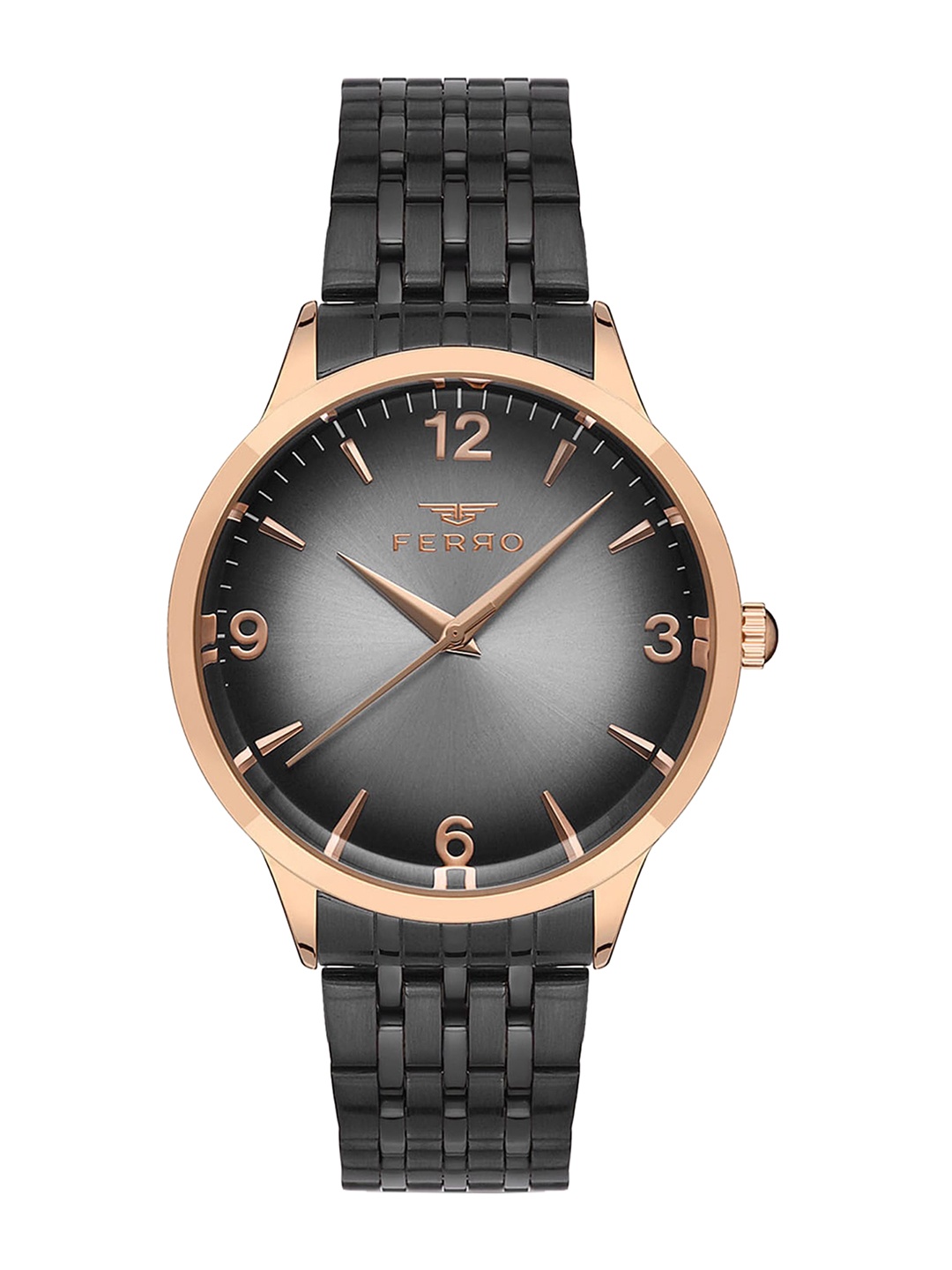 Ferro Men Black Brass Dial & Rose Gold Toned Stainless Steel Bracelet Style Straps Analogue Watch
Ferro Men Black Brass Dial & Rose Gold Toned Stainless Steel Bracelet Style Straps Analogue Watch