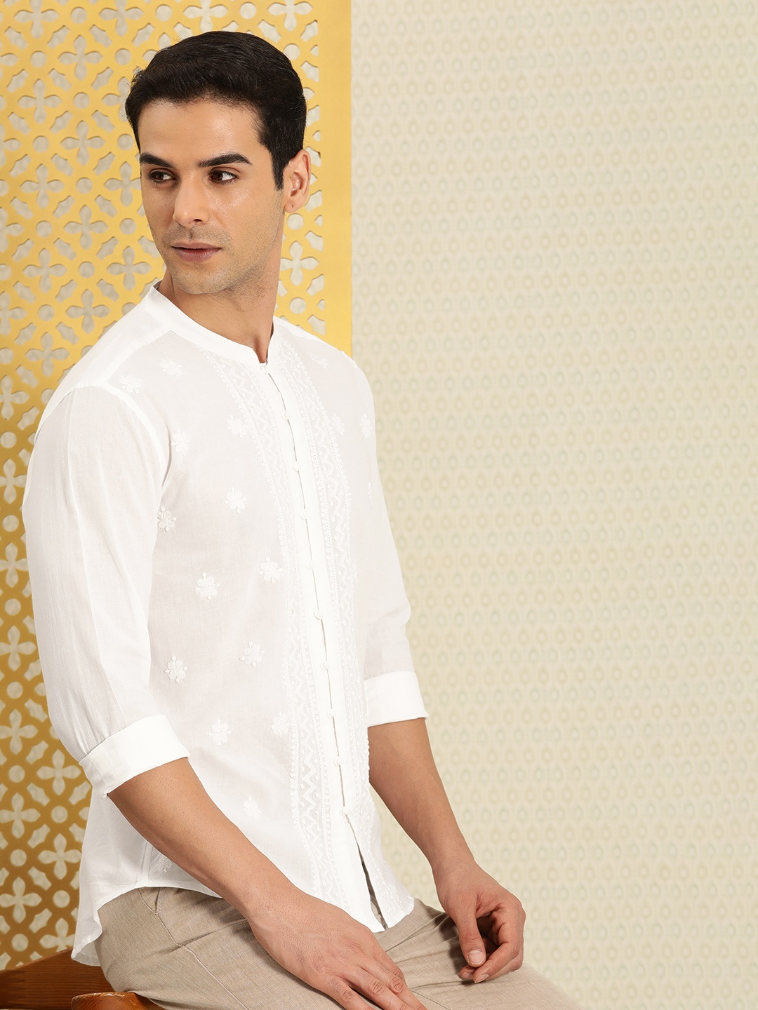 House of Pataudi Jashn Ethnic Motifs Embroidered Pure Cotton Casual Shirt, White
House of Pataudi Jashn Ethnic Motifs Embroidered Pure Cotton Casual Shirt, White