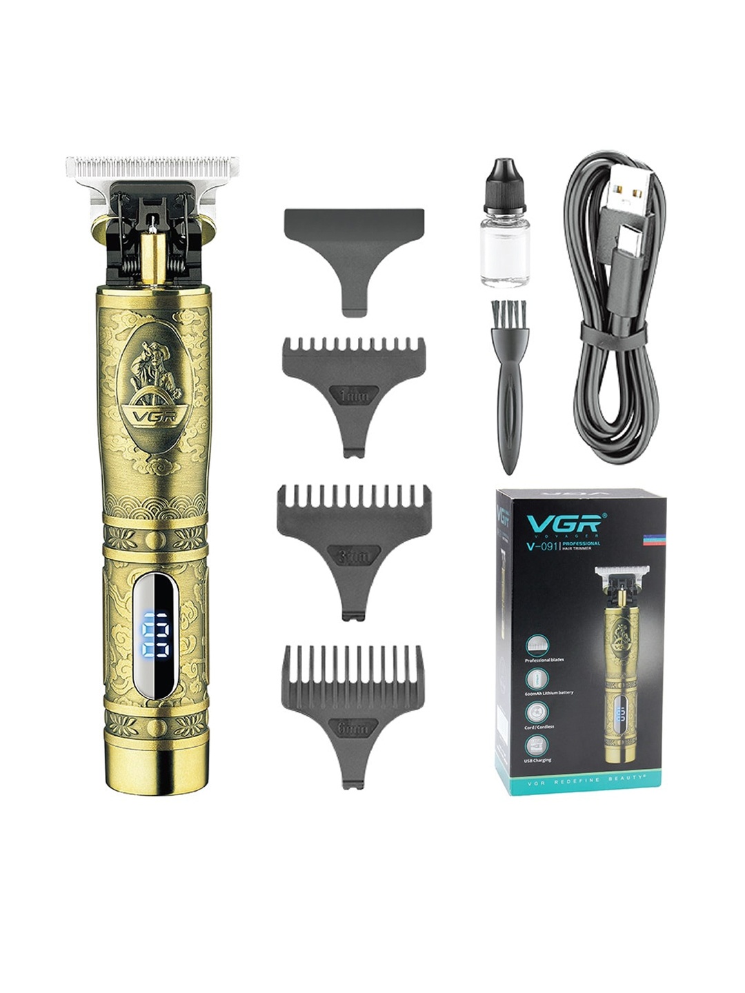 VGR V-091 Professional Cordless Hair Clipper with Digital Display - Gold
