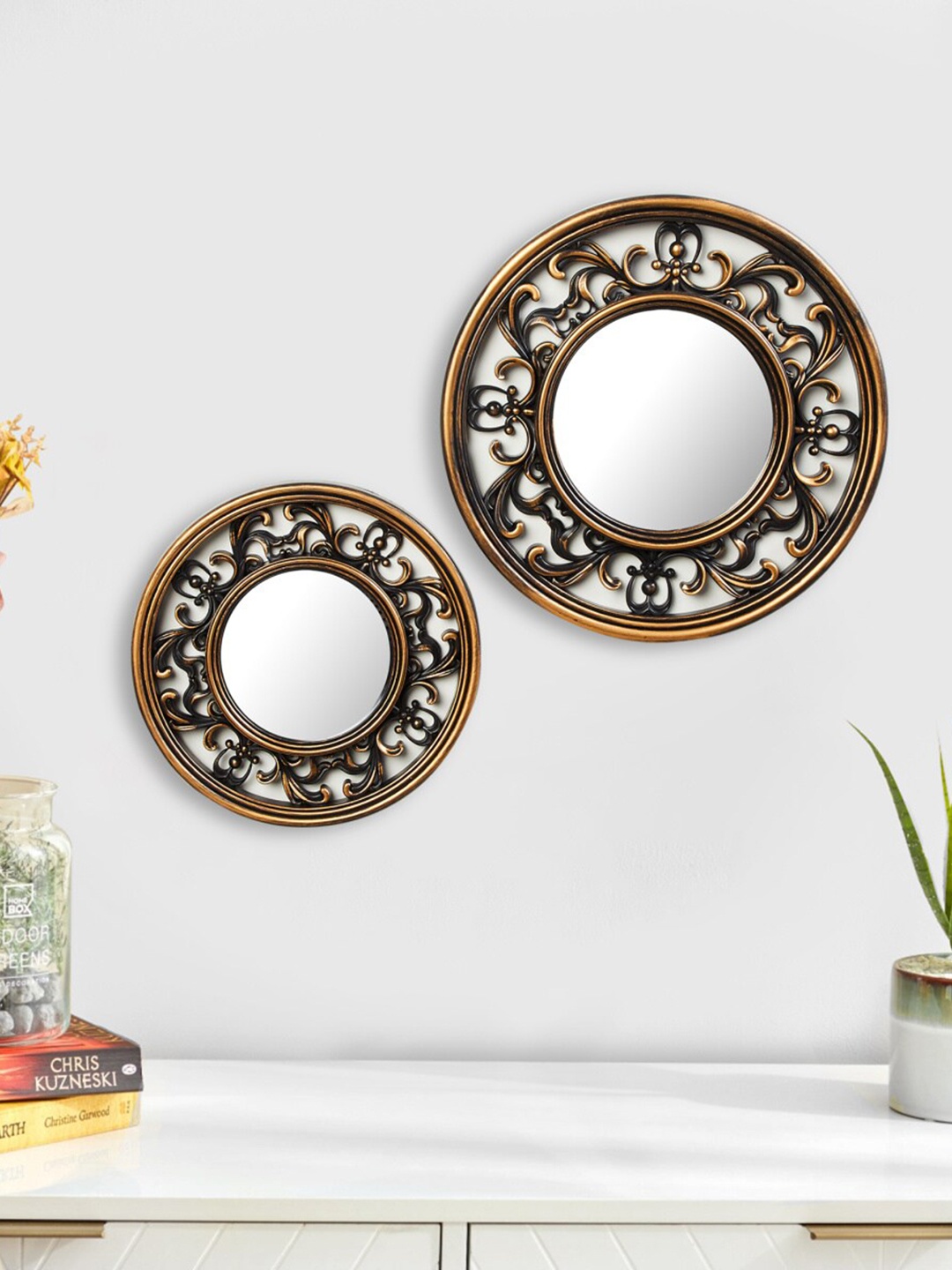Home Centre Ananda Interior Set of 2 Textured Wall Art with Mirror, Brown