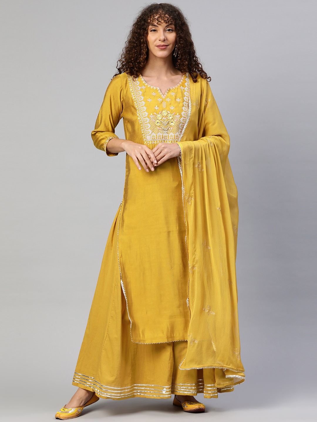 ZOLA Women Ethnic Motifs Embroidered Gotta Patti Kurta with Sharara & With Dupatta, Mustard