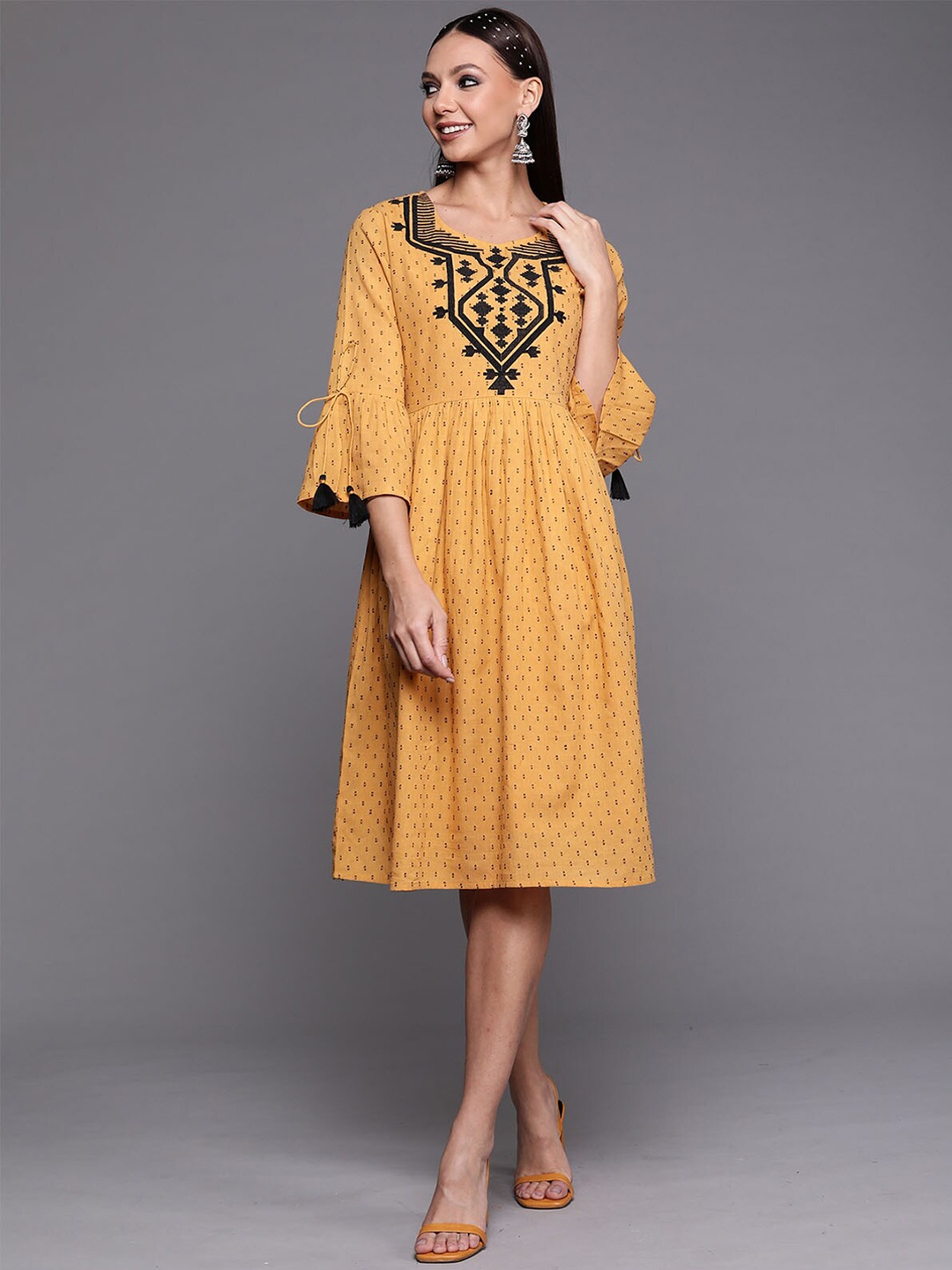 ODETTE Geometric Printed A-Line Cotton Dress, Mustard