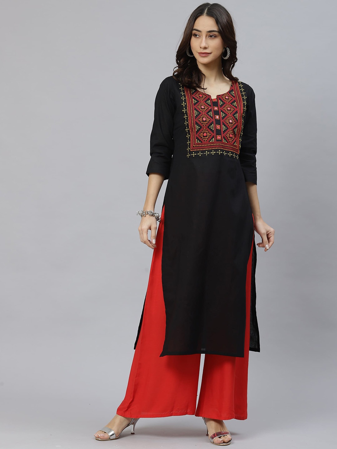 Ives Women Geometric Yoke Design Mirror Work Kurta, Black