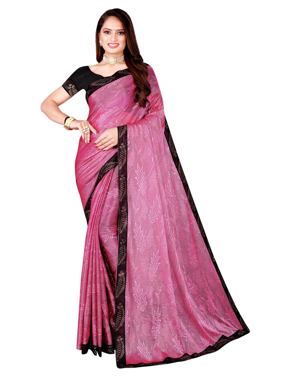 Florence Floral Printed Art Silk Saree, Pink