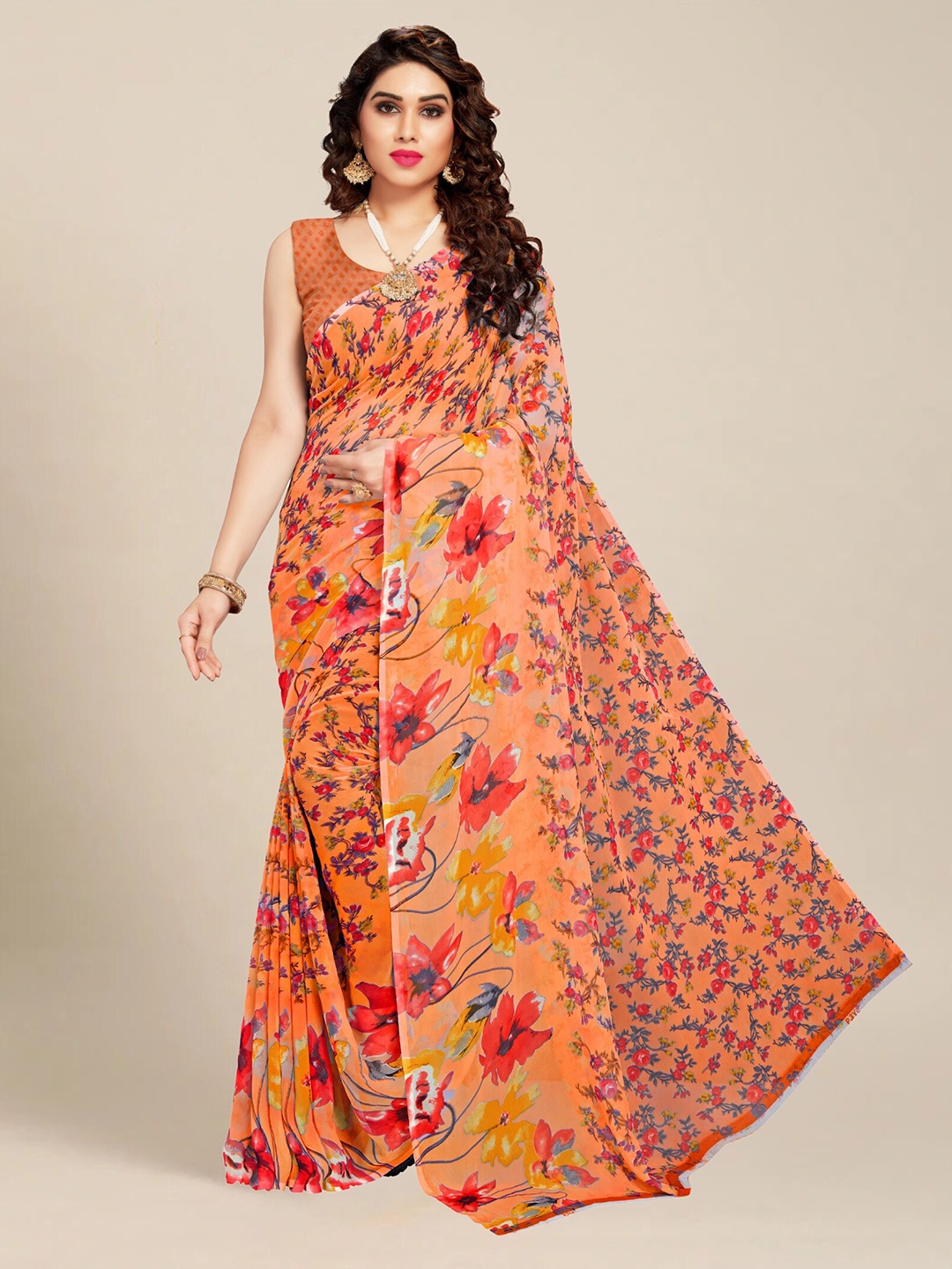 MS RETAIL Floral Saree, Orange