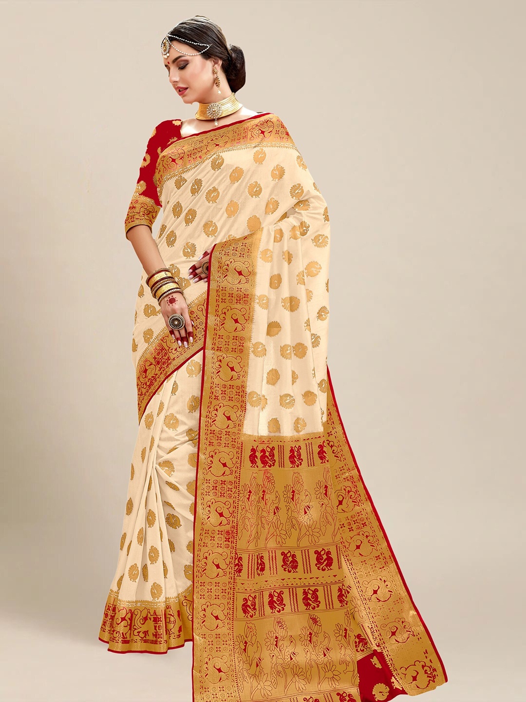 MS RETAIL Cream-Coloured & Red Woven Design Zari Silk Blend Fusion Kanjeevaram Saree
MS RETAIL Cream-Coloured & Red Woven Design Zari Silk Blend Fusion Kanjeevaram Saree