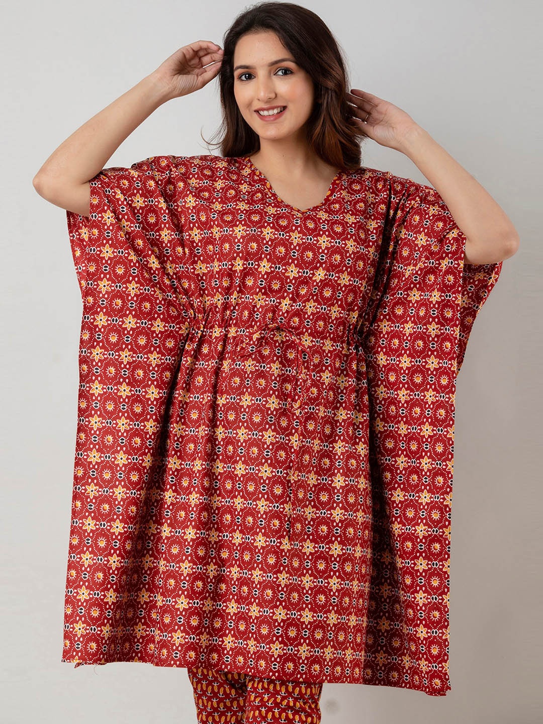 KALINI Women Floral Printed Pure Cotton Kurti With Trousers, Red