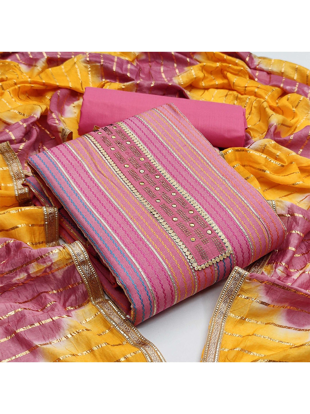 KALINI Pink & Yellow Pure Cotton Unstitched Dress Material