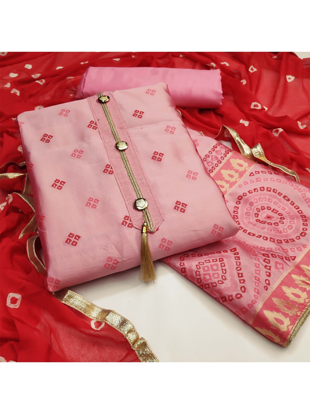 KALINI Pink & Red Unstitched Dress Material