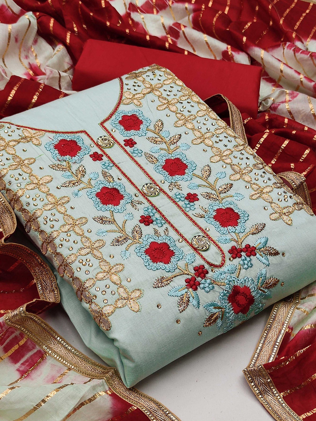 KALINI Lime Green & Red Embroidered Unstitched Dress Material